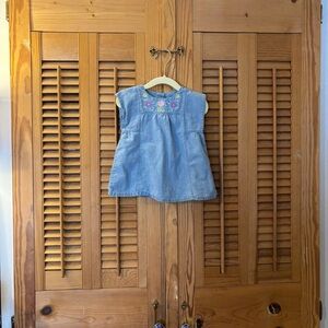 Denim Sleeveless Dress with Floral Embroidery